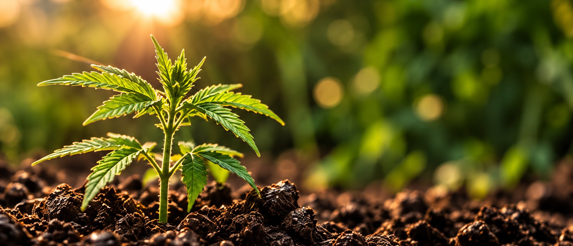 A hemp seedling growing in sunlit soil