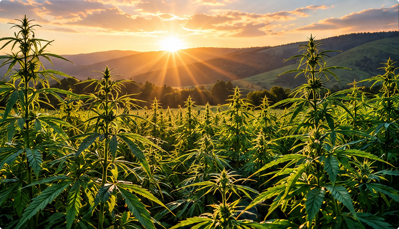 Sun setting over a green hemp field