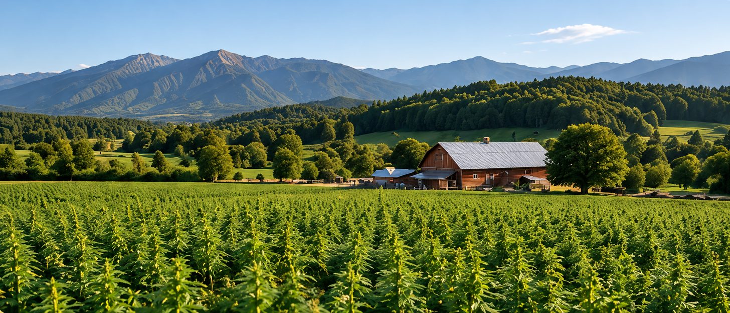 A red barn among mountain hemp fields