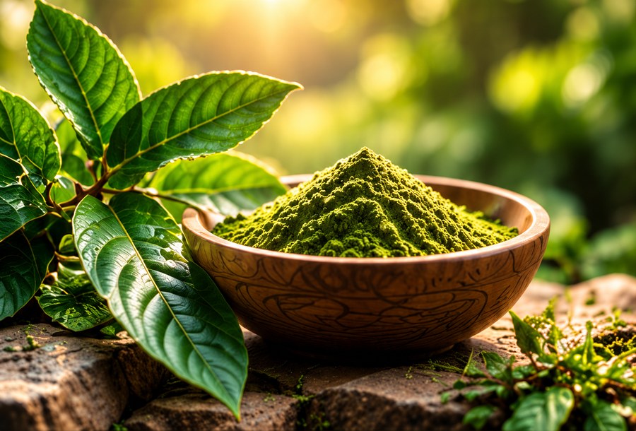 Bowl of herbal powder among forest leaves