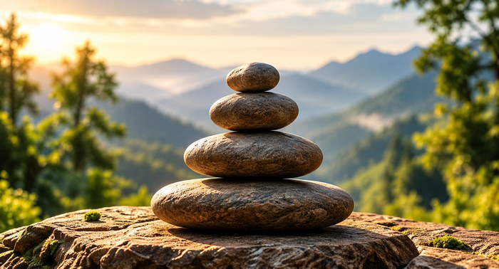 Stacked zen stones above a mountain sunrise